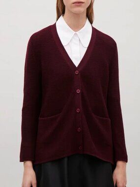 COS Garter Stitch 100% Merino Wool Oversized V-Neck Cardigan Maroon XS